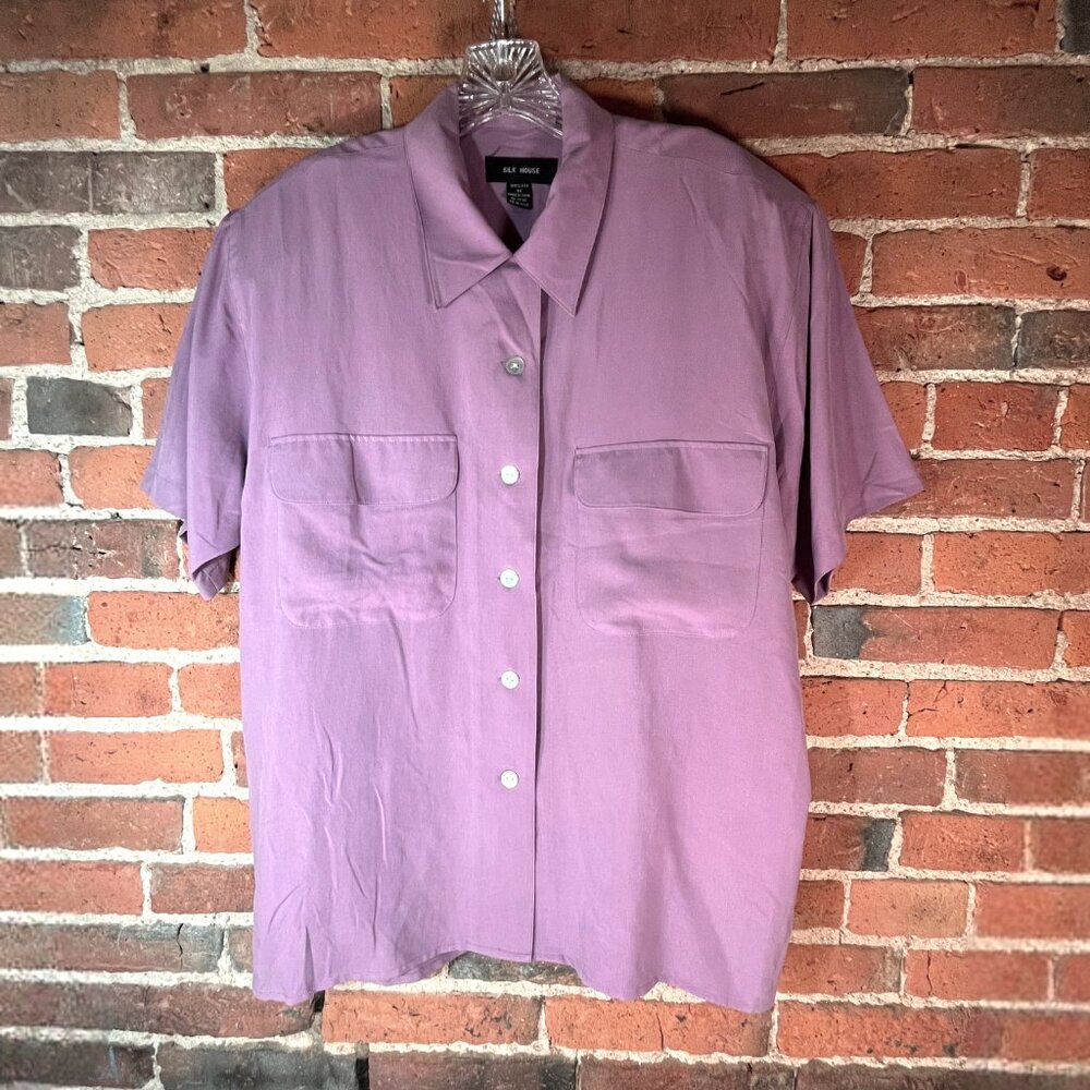 Silk House Womens 1X 100% Silk Button Down Shirt Lavender Lilac Short Sleeve Blo